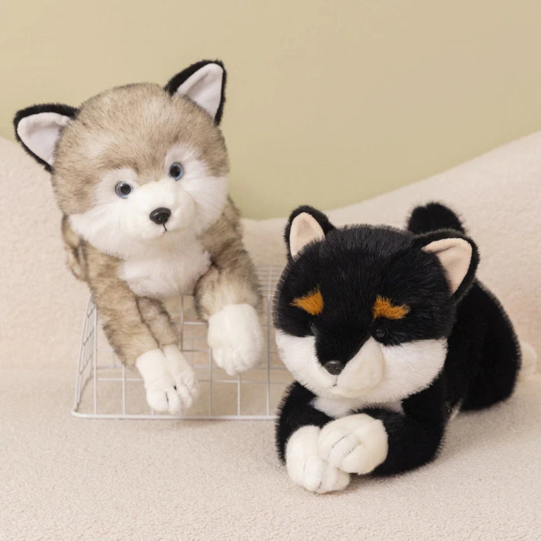 Brown Shiba Inu plush doll in lying position showing super soft short plush texture and natural posture simulation