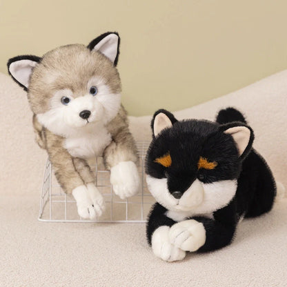 Brown Shiba Inu plush doll in lying position showing super soft short plush texture and natural posture simulation