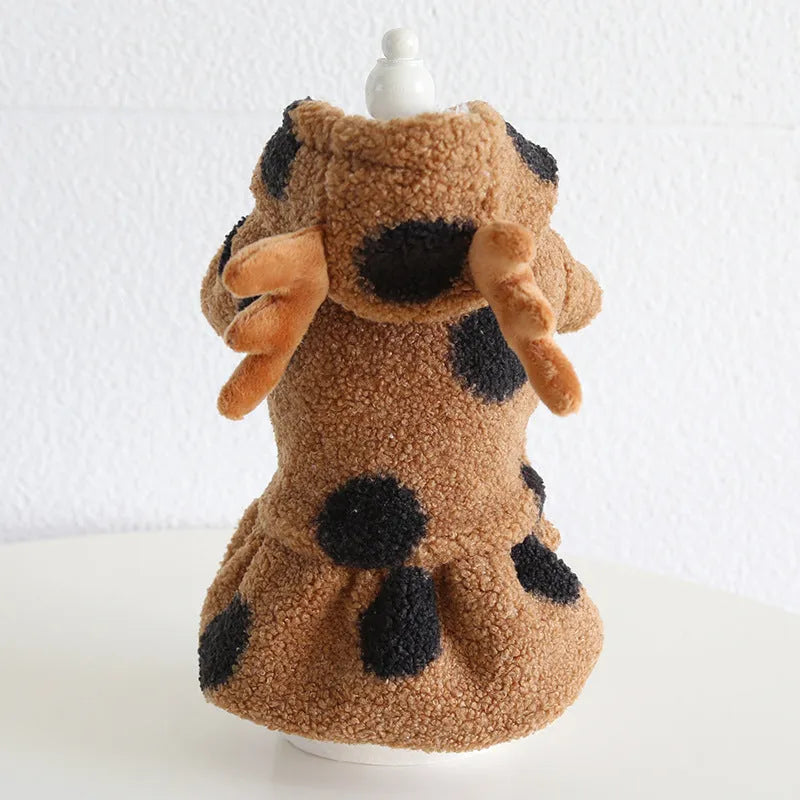 Polka dot elk design pet clothing for cat or dog, shown in four-leg and skirt style options.