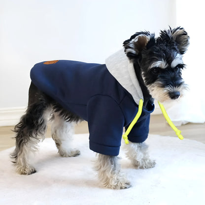 British style hooded pullover for pets with contrasting colour panels in polyester fabric