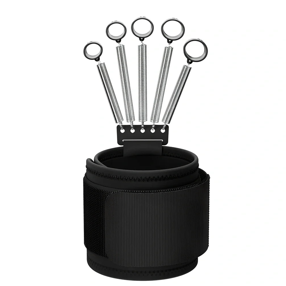 Finger exercise tension equipment with spring steel construction showing three resistance levels