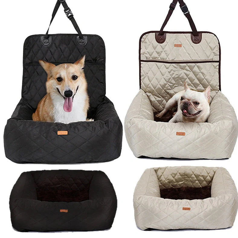 Folding pet carrier with black 900D nylon exterior and waterproof base for car seats