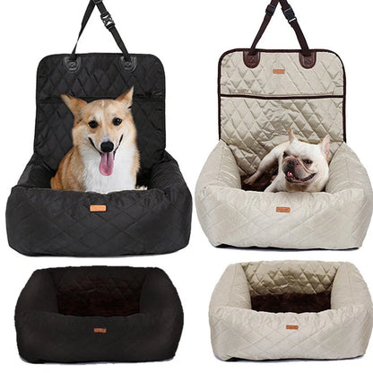 Folding pet carrier with black 900D nylon exterior and waterproof base for car seats
