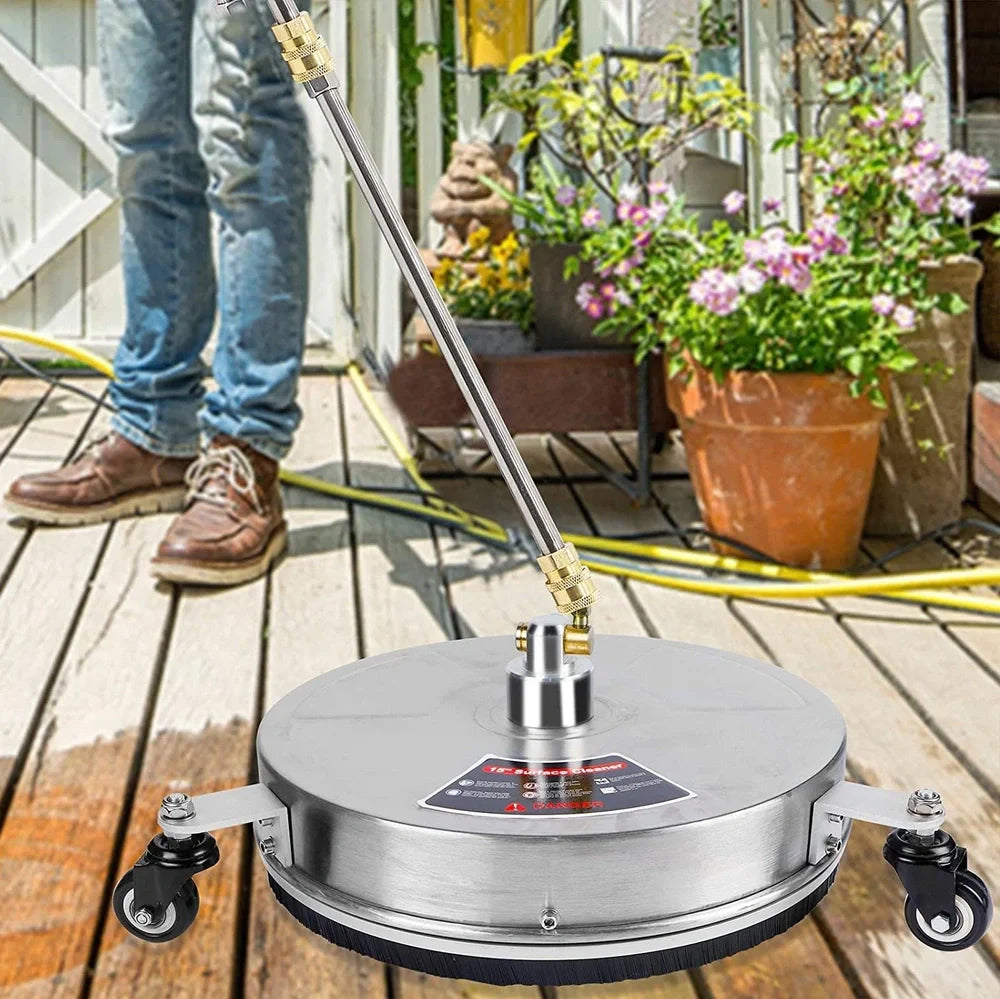 Stainless steel 3-wheel floor cleaner with extended pole and brass gun head for high-pressure washing