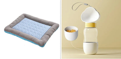 A plush, breathable cooling pet bed in blue and red colors, designed to keep dogs and cats comfortable in the summer heat.