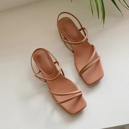 Women's flat strap Roman sandals with square toe in microfiber, showing adjustable ankle strap and multiple colour options
