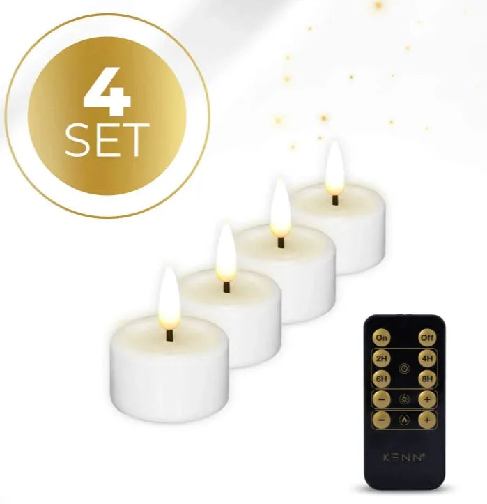 White S4 LED tealight candle with flameless glow, showing 4.1cm diameter and 5cm height