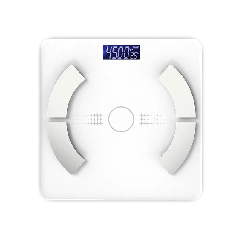 White smart Bluetooth body fat scale on bathroom floor, showing tempered glass platform and digital display.