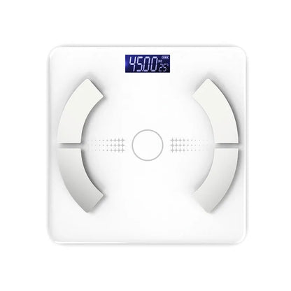 White smart Bluetooth body fat scale on bathroom floor, showing tempered glass platform and digital display.