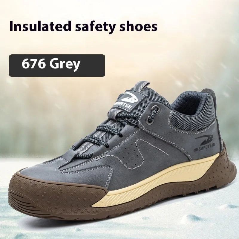 Leather Flyknit safety work shoes in black, brown, grey, or khaki with a rubber sole
