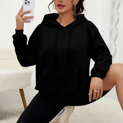 Women's loose grey sweatshirt with drawstring neck and front pocket, long sleeves, available in 17 colours