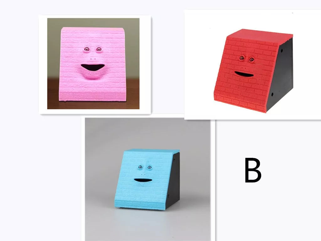 Face Intelligent Induction Electric Piggy Bank with realistic money-eating action in brick blue, pink, or red
