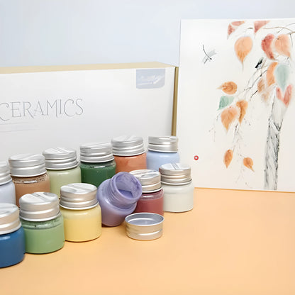 Ceramic high temperature paint pots in Lilac, Plant ash, and Verdant colours for pottery firing at 1250-1350°C