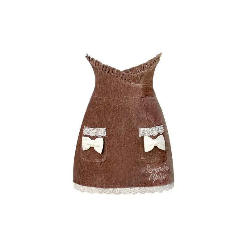 Apricot knitted top with brown hip skirt and apricot shawl three piece set in sizes S, M, and XS