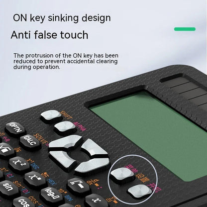 Ergonomic 2-in-1 scientific calculator with foldable writing pad, blue LCD screen, and compact design