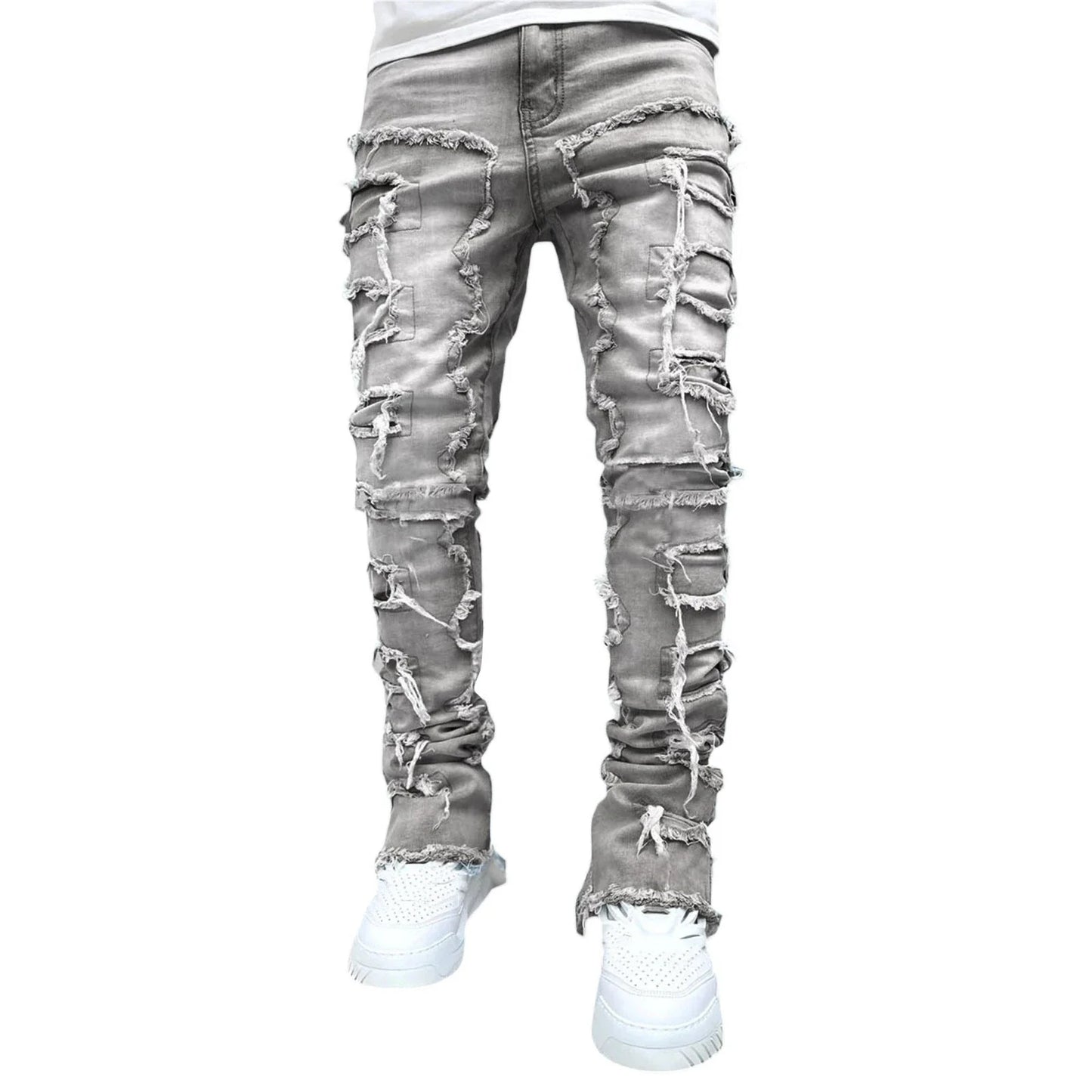 Stylish patched men's jeans with tight, stacked fit and variety of vibrant color options