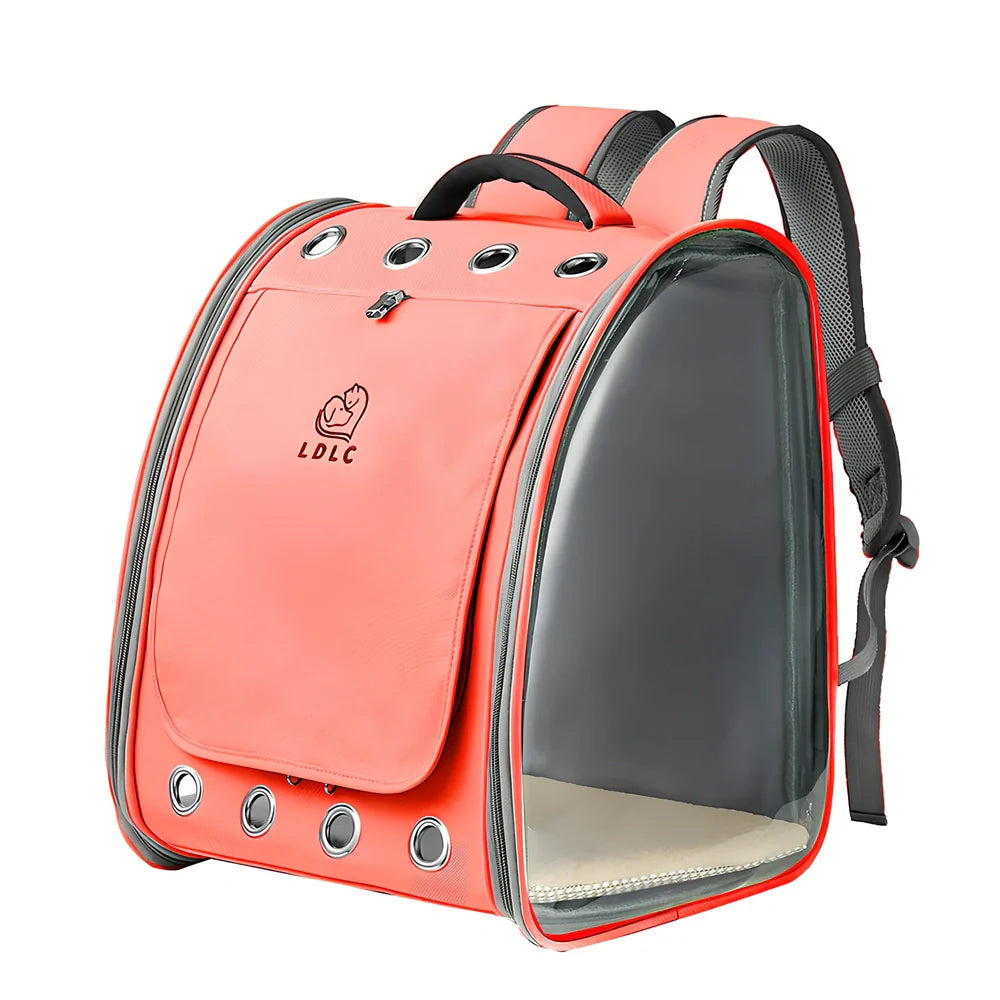 Blue pet backpack with transparent PVC windows showing interior, adjustable shoulder straps, and ventilation holes