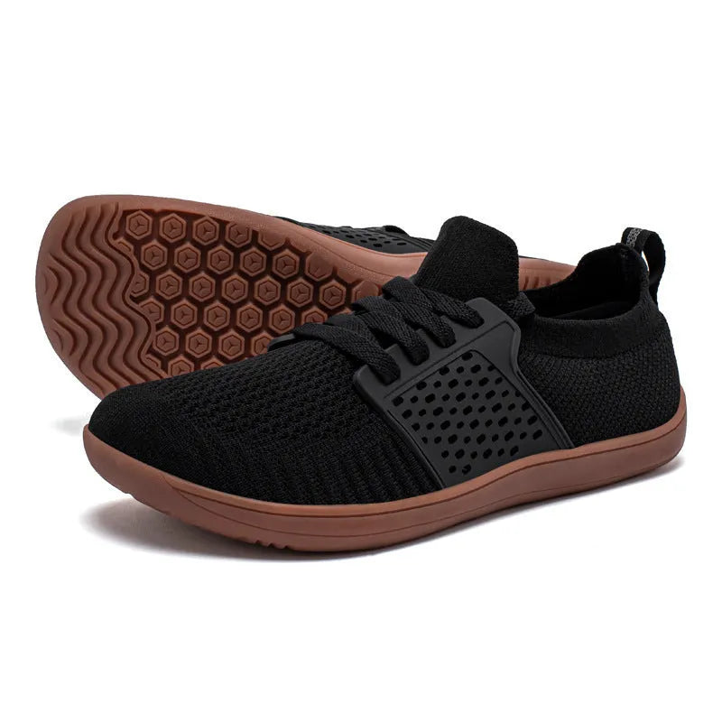 Men's black brown mesh and synthetic leather walking shoes with soft sole and wide toe design.