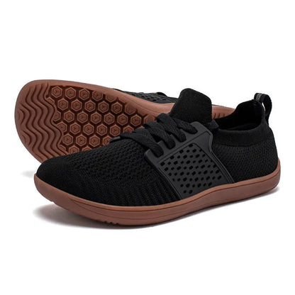 Men's black brown mesh and synthetic leather walking shoes with soft sole and wide toe design.