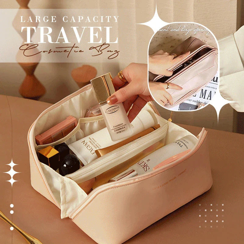Premium large capacity travel makeup organizer bag made of luxurious PU leather with structured design and multiple compartments