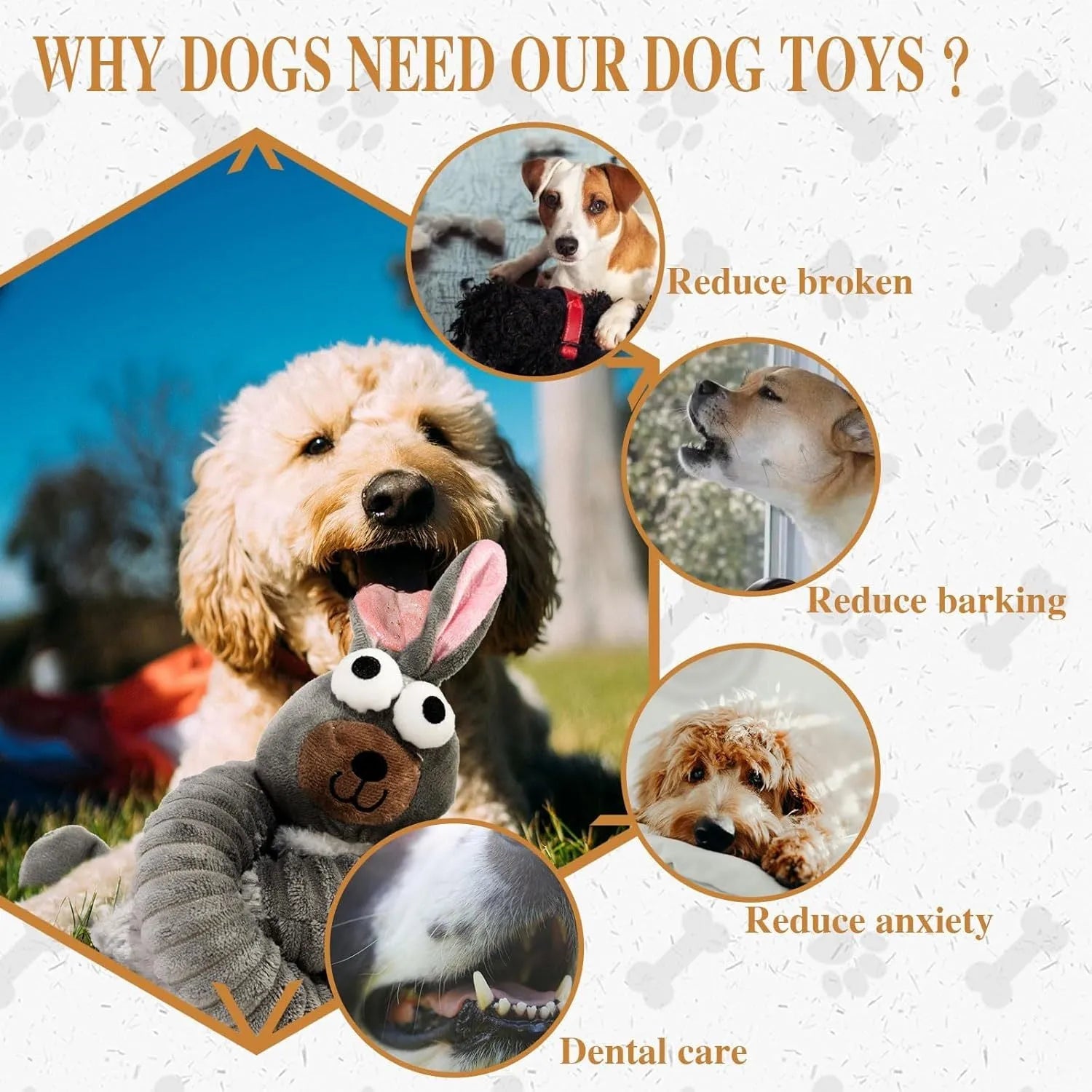 Assorted plush squeaky dog toys with crinkle texture in brown, grey, and yellow colours showing foldable design