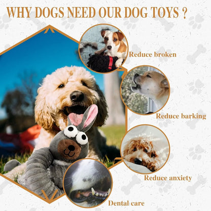 Assorted plush squeaky dog toys with crinkle texture in brown, grey, and yellow colours showing foldable design