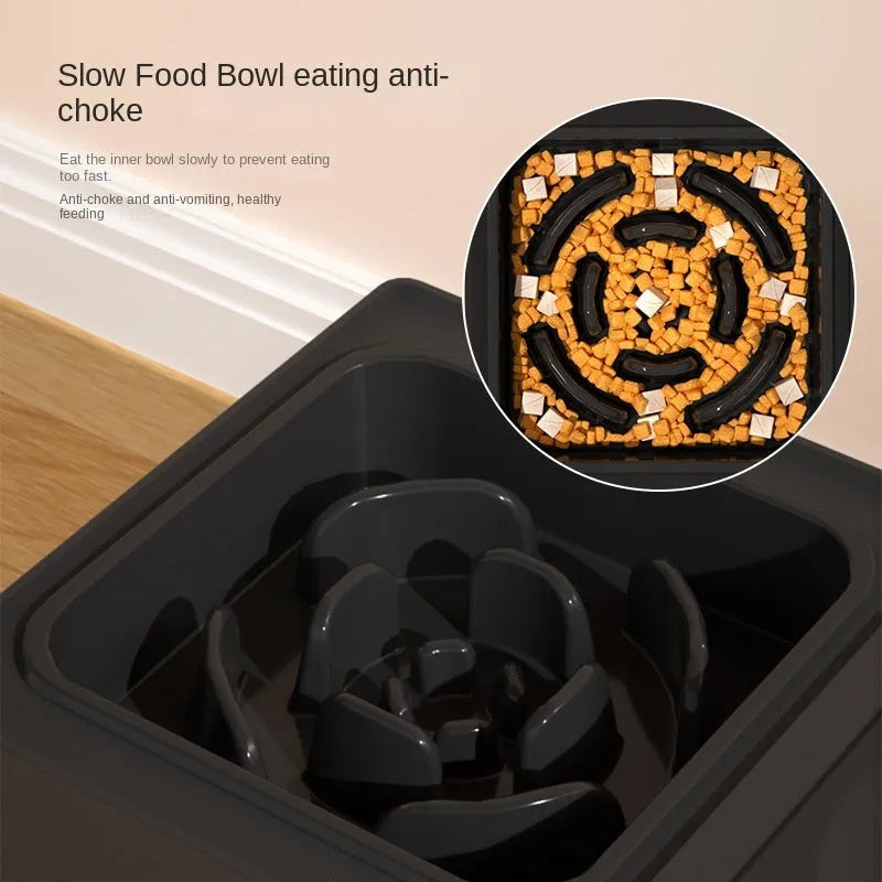 Adjustable height dog feeding stand with two stainless steel bowls in black or grey colours.