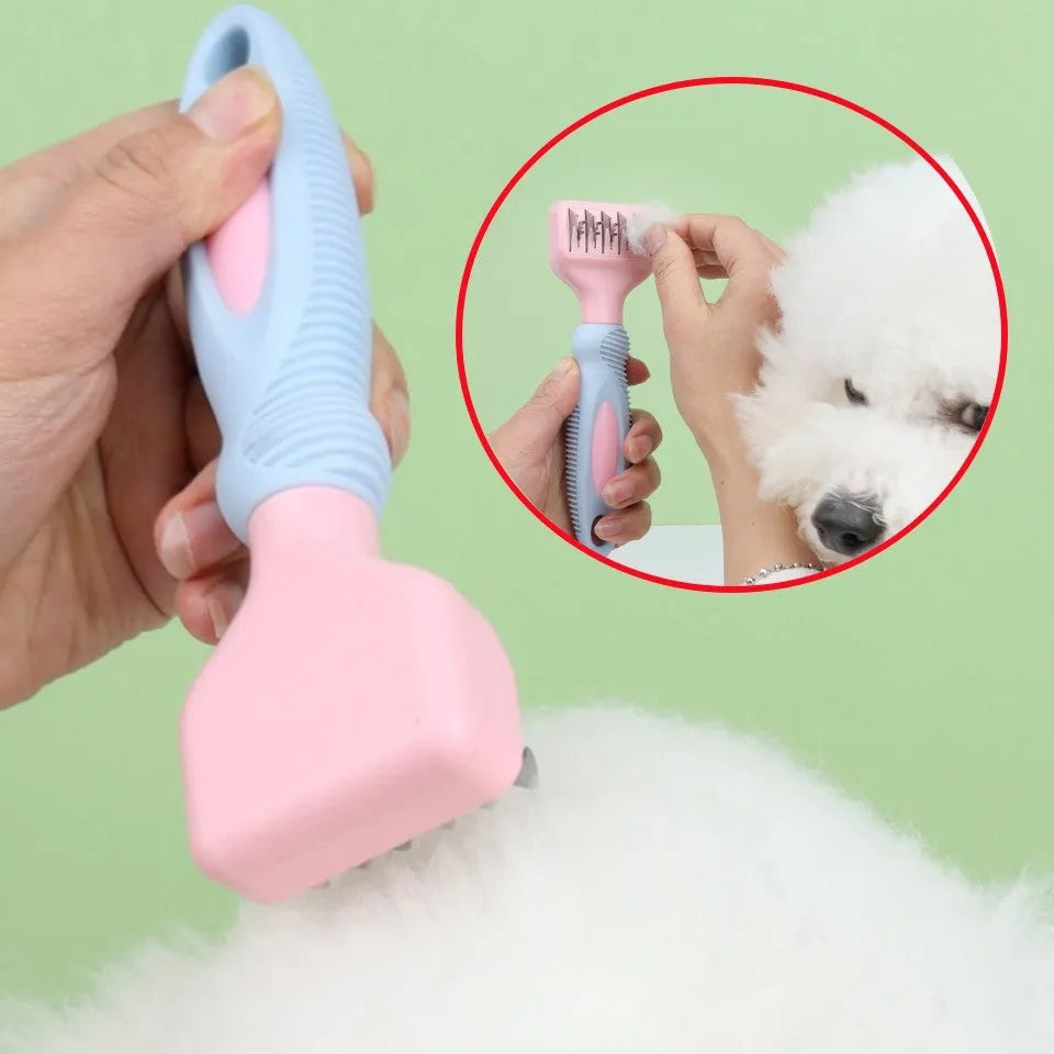 Stainless steel pet grooming comb with knot knife in pink or purple colour options