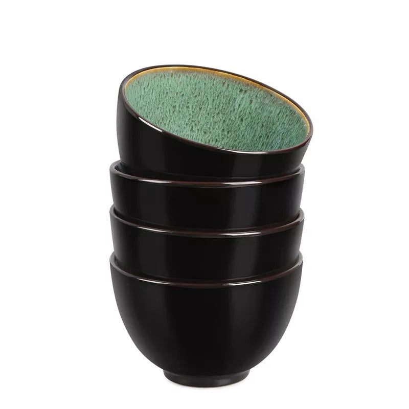 Set of 4 peacock green ceramic bowls, each 24oz, for versatile dining use