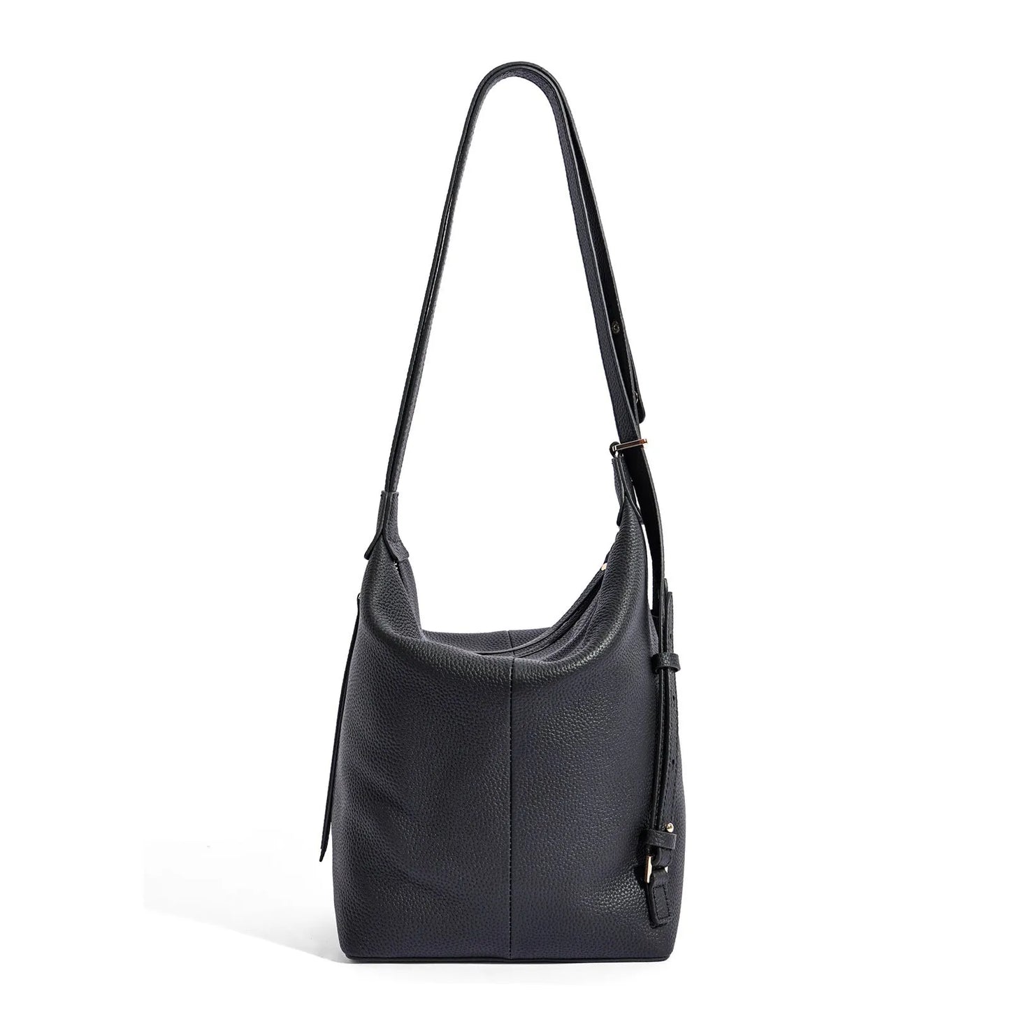 Women's genuine cowhide leather bucket bag in elephant grey colour showing soft texture and large capacity design