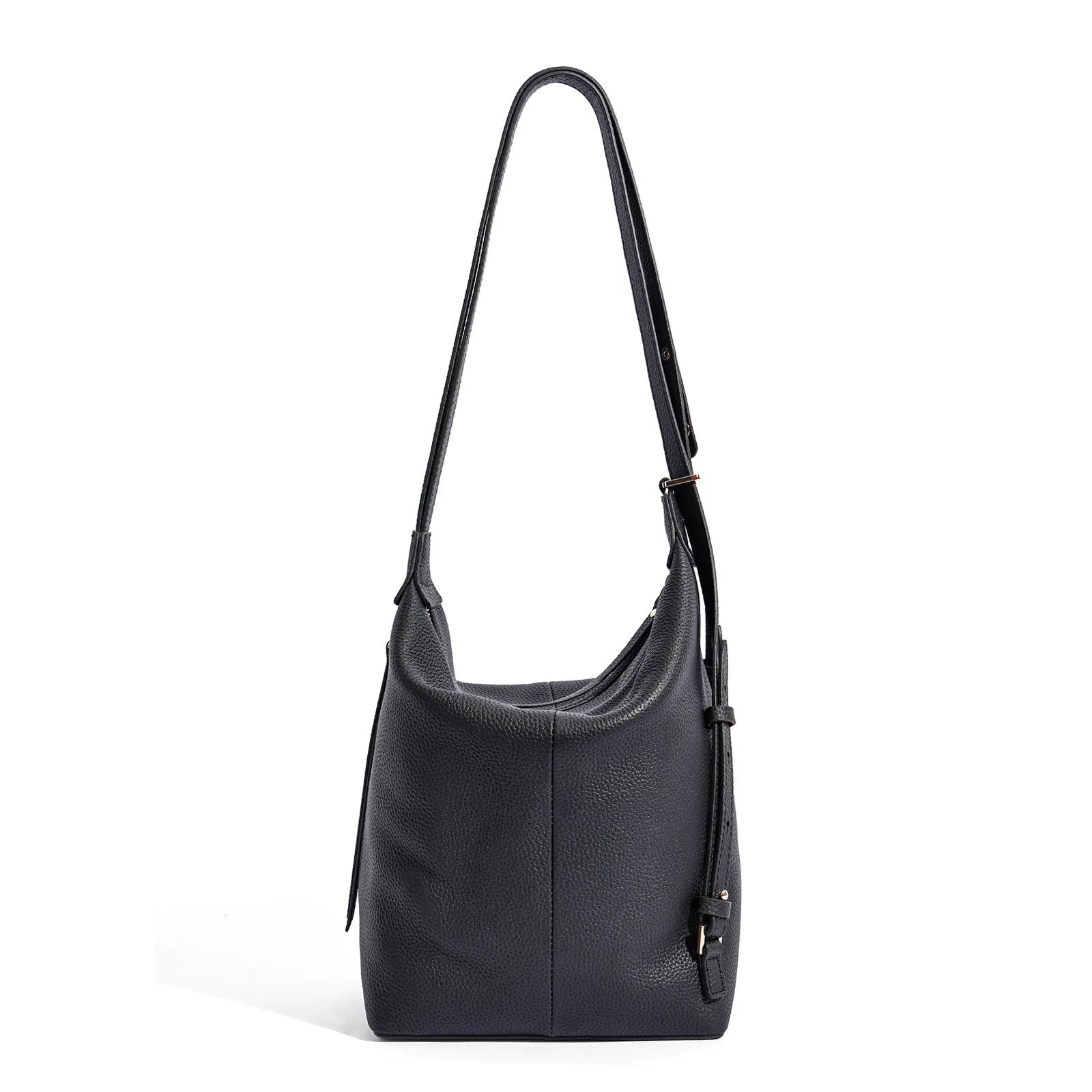 Women's genuine cowhide leather bucket bag in elephant grey colour showing soft texture and large capacity design