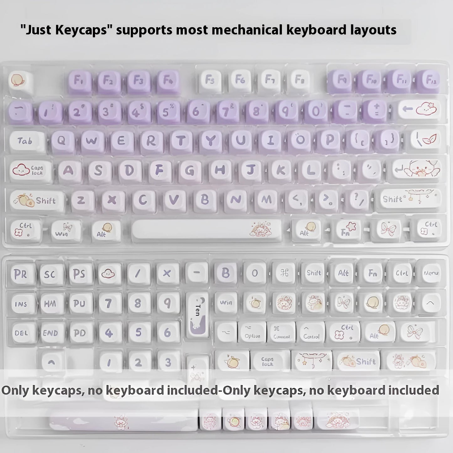 Purple gradient keycap set with rabbit artwork for mechanical keyboards, shown on a black keyboard.