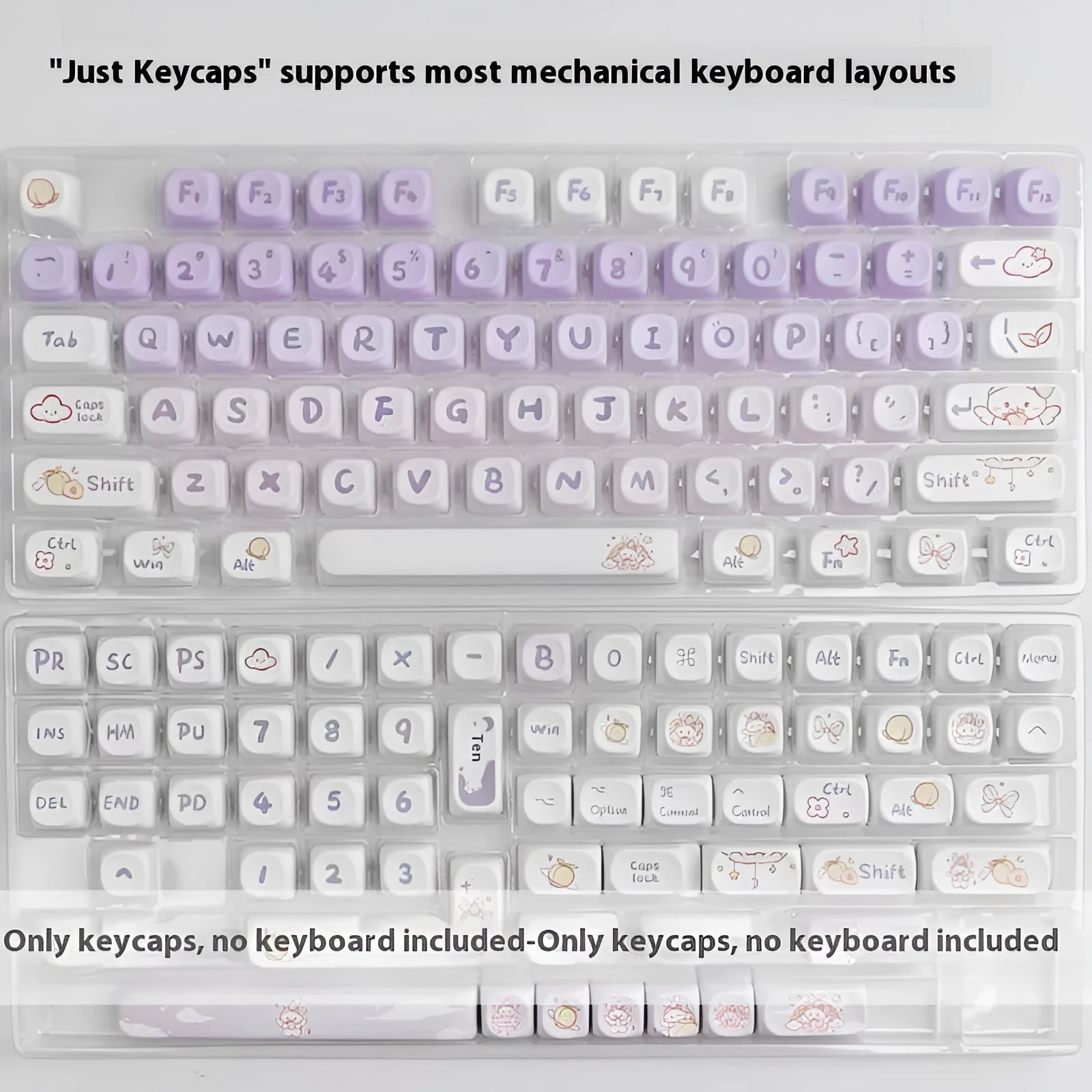Purple gradient keycap set with rabbit artwork for mechanical keyboards, shown on a black keyboard.