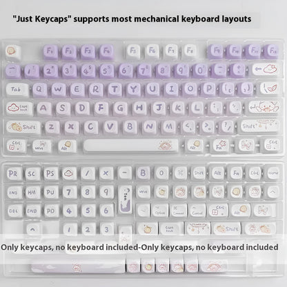Purple gradient keycap set with rabbit artwork for mechanical keyboards, shown on a black keyboard.