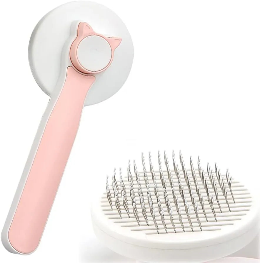 Self-cleaning cat brush with blue handle and metal needles for grooming pets