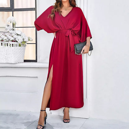 Long-sleeved V-neck dress with bat sleeves and split design in champagne, green, wine red, or black