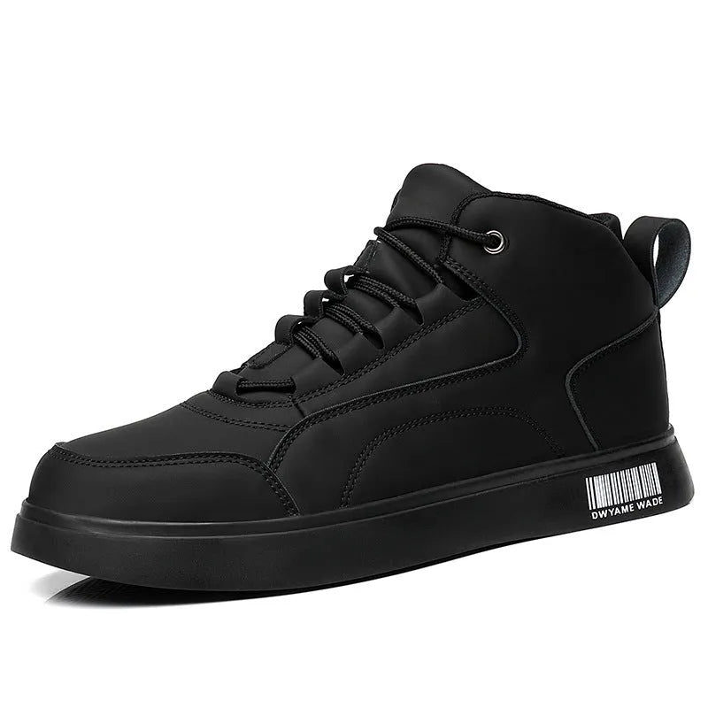 White mid-top sports board shoes for men with round toe, flat 1-3cm heel, and rubber sole