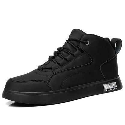 White mid-top sports board shoes for men with round toe, flat 1-3cm heel, and rubber sole