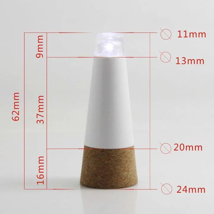 LED rechargeable luminous bottle cap cork light showing 15 LED beads and plastic shell measuring 30mm by 73mm