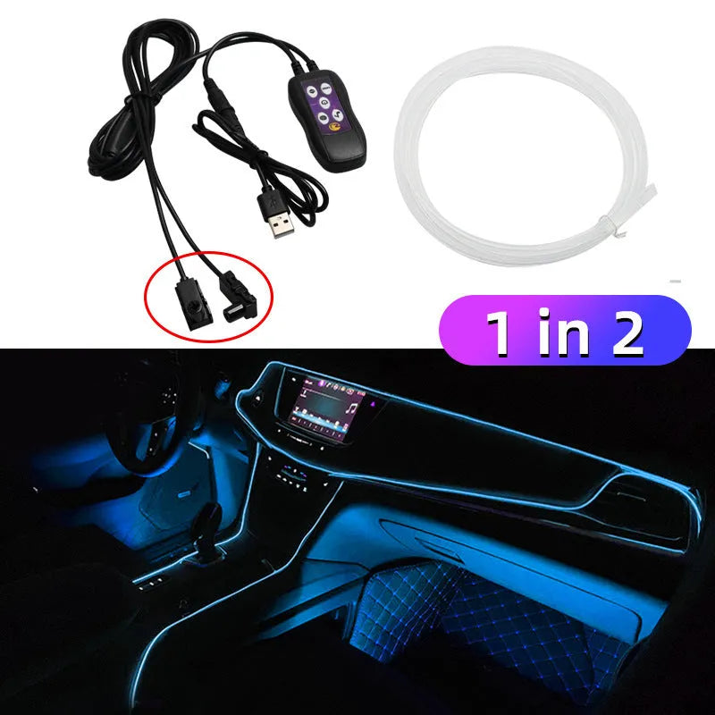Car LED ambient atmosphere lamp decorative lighting strip for centre console, dashboard, and instrument panel with USB-powered colourful colour-changing neon effects, available in 3-metre and 5-metre lengths with button or smartphone app control options.