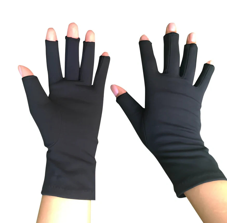 Breathable half-finger compression gloves showing exposed fingertips and adhesive grey section for joint support
