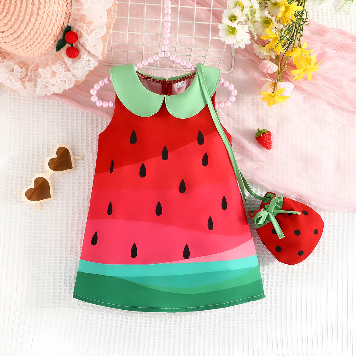 Girls sleeveless cartoon fruit print dress in colour QCQ40031AM, polyester fibre, sizes 6-9M to 2-3Y