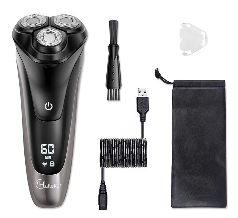 Men's electric shaver with three floating heads, pop-up sideburn trimmer, and USB charging cable.