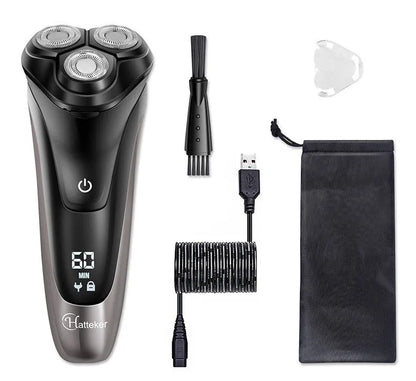 Men's electric shaver with three floating heads, pop-up sideburn trimmer, and USB charging cable.