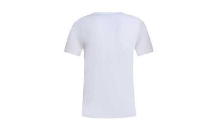 White cotton pullover overalls with a pattern, short sleeves, and a round neck on a teenager.