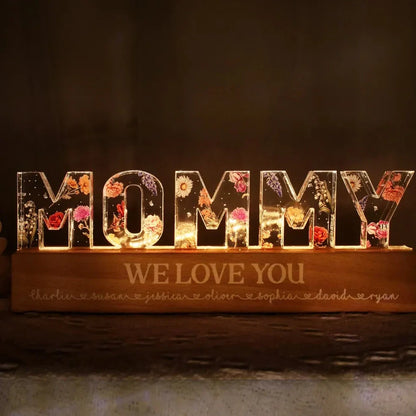 Custom flower printed LED night light with personalised text on acrylic surface in three size options