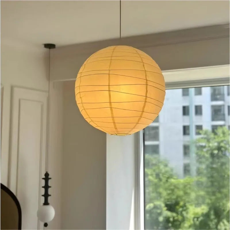 Japanese-style spherical rice paper chandelier with 30cm, 45cm, and 55cm diameter options for ambient lighting