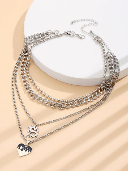 Silver dragon pendant necklace with adjustable chain, geometric design