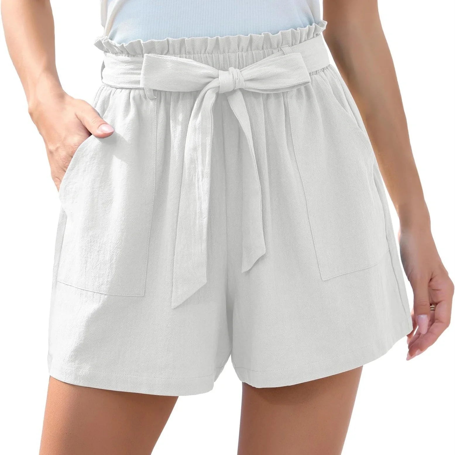Women's summer beach shorts with ruffle bow waist tie and pockets in various colors