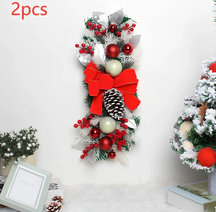 Christmas door curtain with glowing upside-down tree design in red, blue, or gold colours